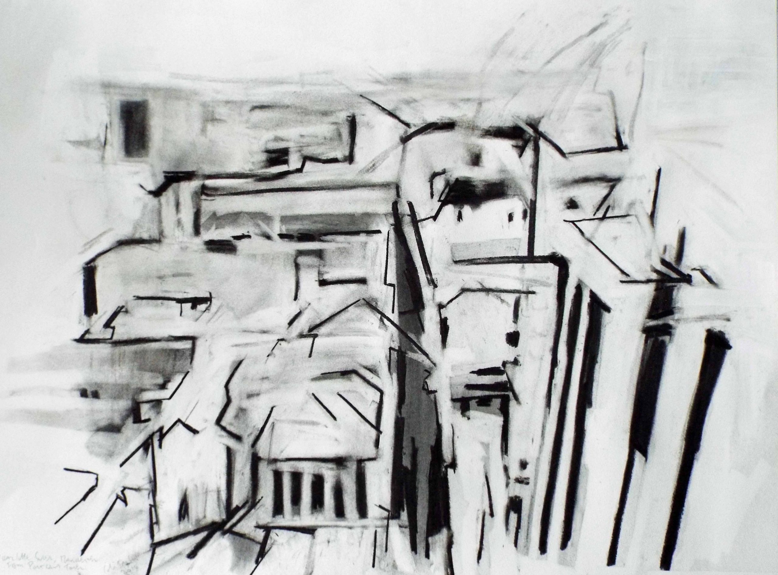 Colin Taylor - Charlotte Street from Portland Tower - charcoal and white pastel, unframed, size: 56x76cm SOLD