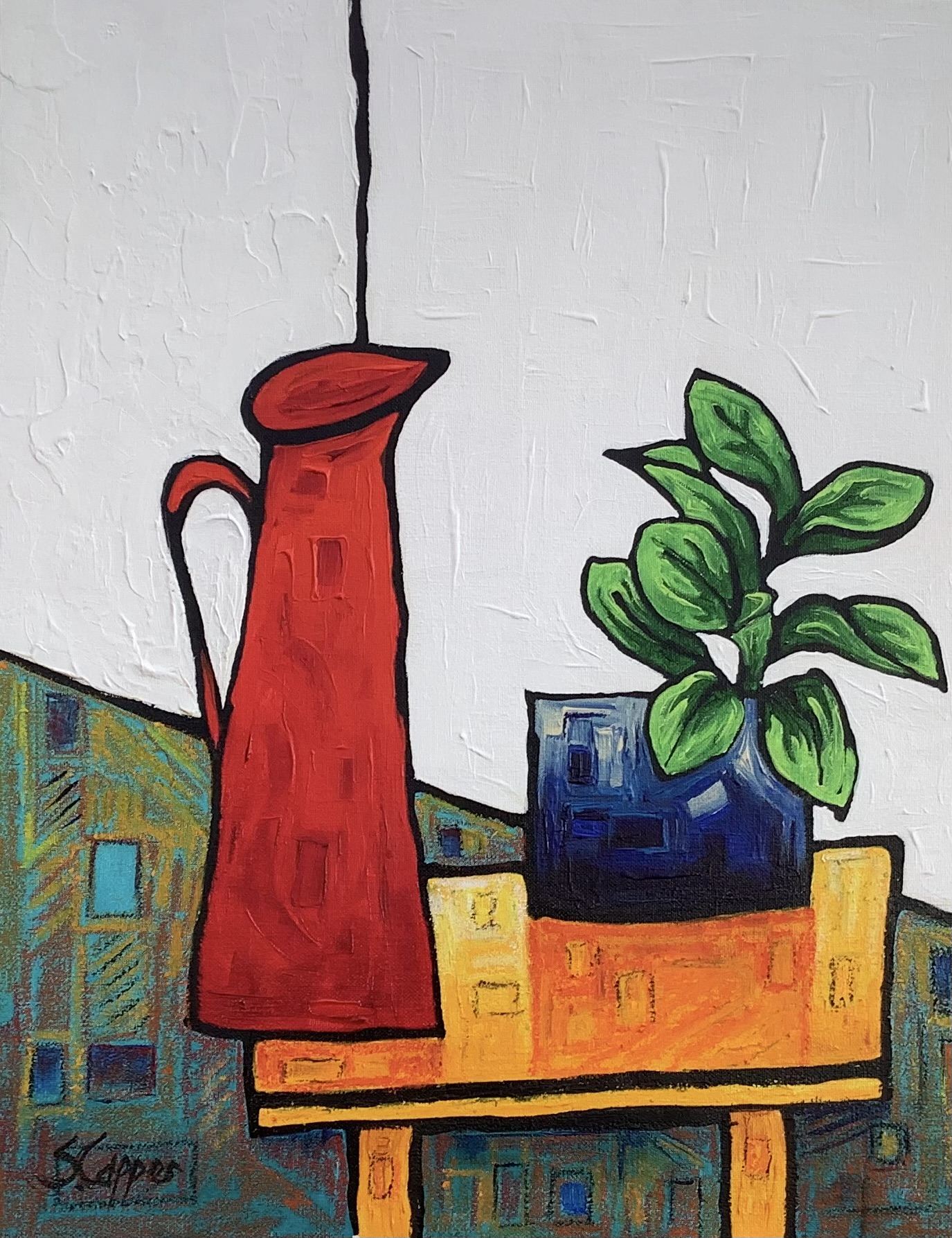 Steve Capper - Red Jug and Green Plant - acrylic on board, size: 51x40cm £1,300