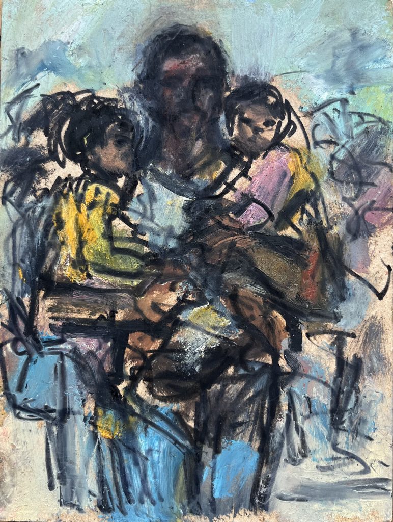 Ghislaine Howard - Refugee Father and Children - 15x20cm, oil on board, £495