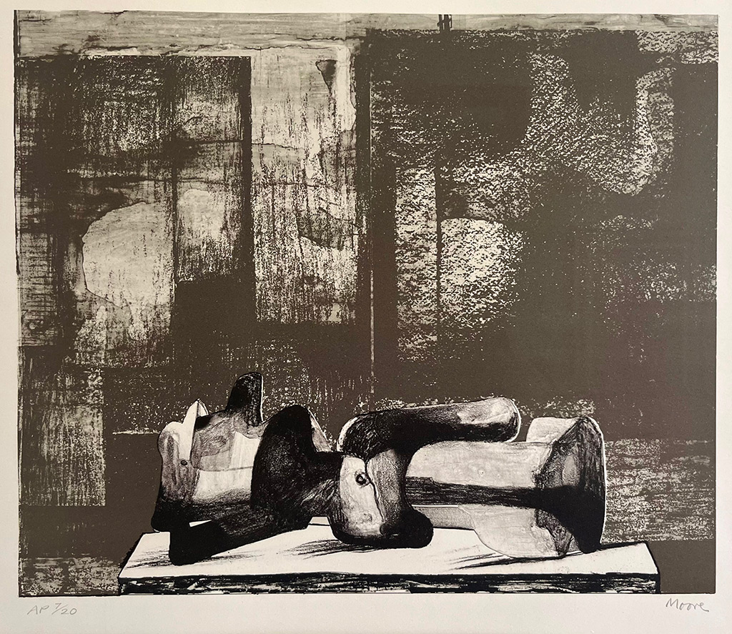 Henry Moore - Reclining Figure with Archictectural Background iv - Lithograph, edition of 50 published by Cramer ref. no. 457. This is an Artist's Proof no. 7/20. Signed by the artist. Mounted and framed. Size: 32x38cm £3,000