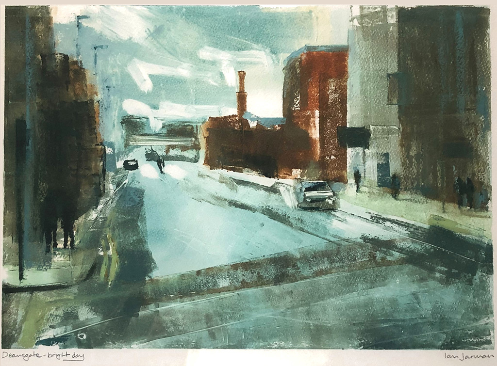 Ian Jarman - Deansgate, Bright Day - monotype, mixed media, signed and framed, size: 29x41cm £850