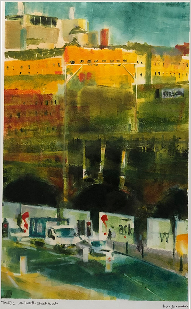 Ian Jarman - Traffic, Whitworth Street West - monotype, mixed media, signed and framed, size: 48x30cm £895