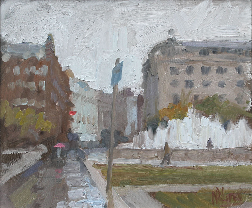 Norman Long - Piccadilly Gardens - oil on board, size: 24.5x30cm £595