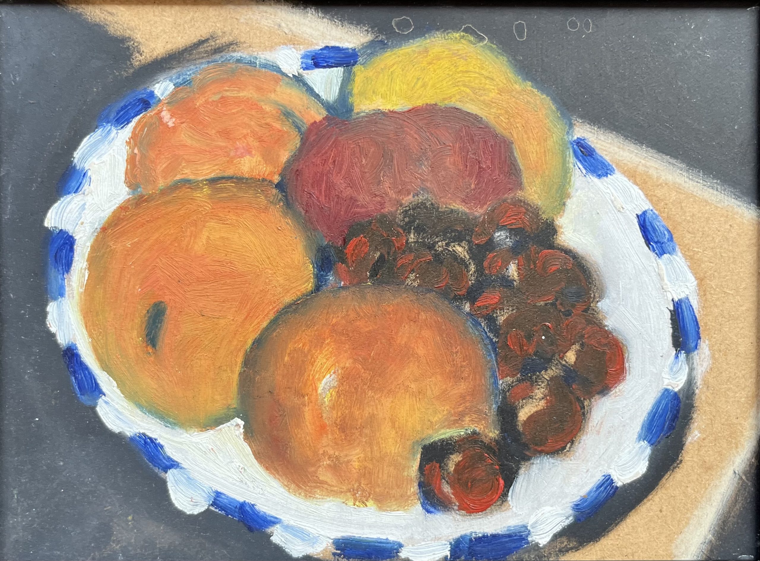 Michael Howard - Still Life on White an Blue Plate - oil/acrylic on board, size: 15x20cm £375