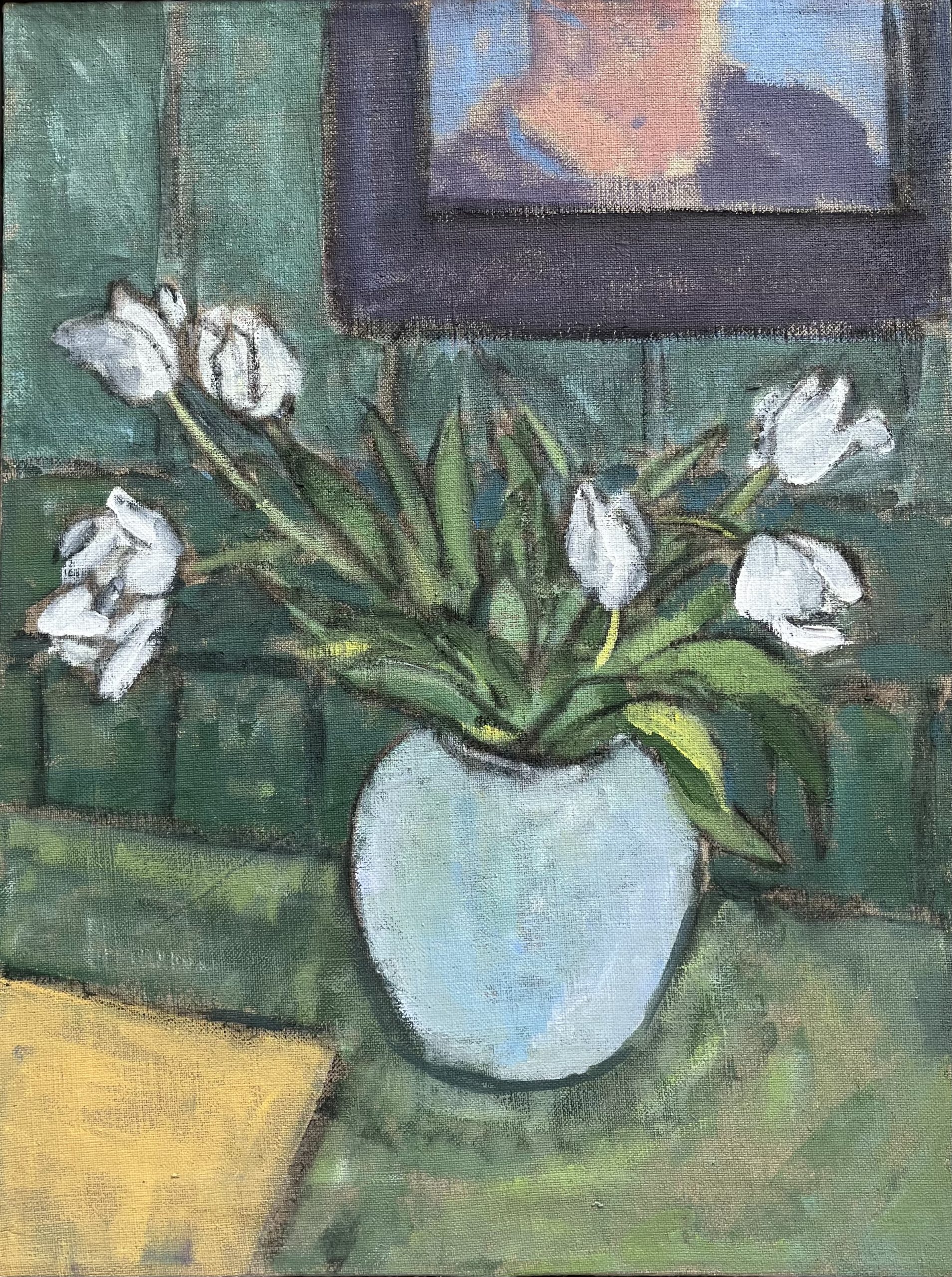 Michael Howard - Tulips in the Green Kitchen - oil/acrylic on canvas, size: 61x46cm £995